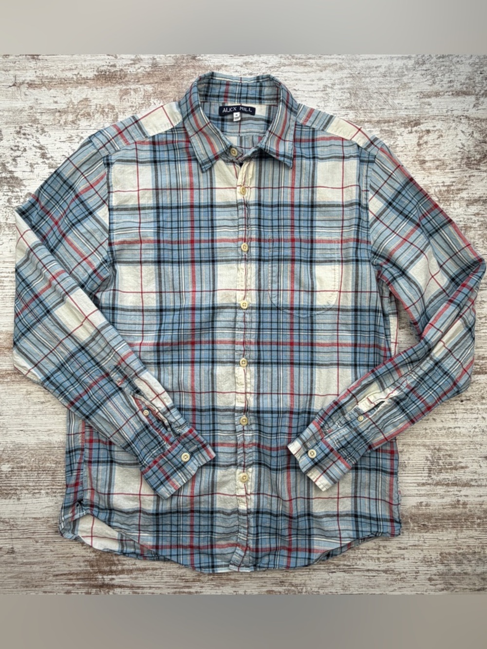 Alex Mill Men's Plaid Button-Down Shirt in Blue, Cream & Red sz M